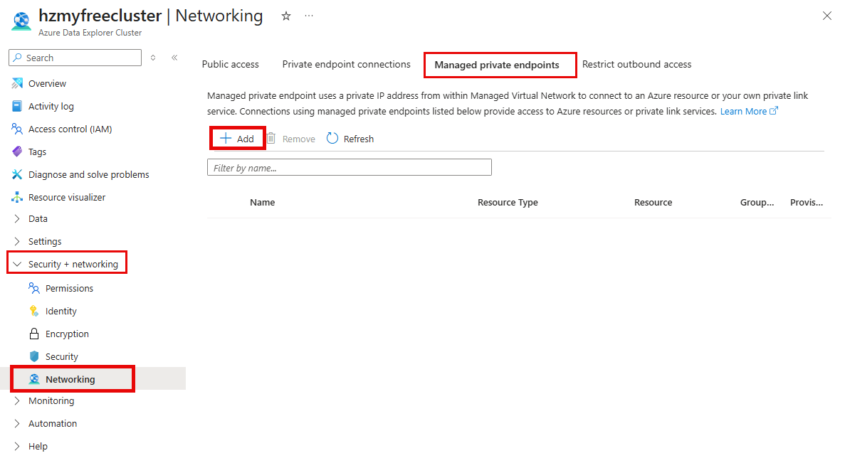 Screenshot della pagina di rete, che mostra il primo passaggio della creazione di un endpoint privato gestito.