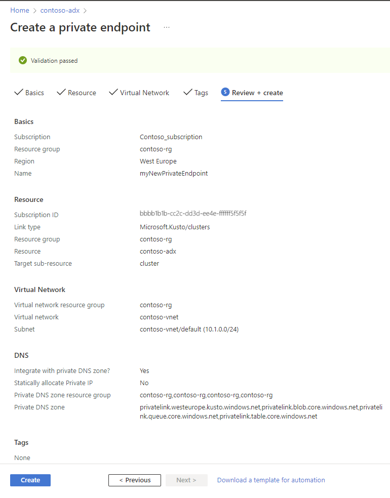 Screenshot della pagina di creazione dell'endpoint privato, che mostra la sezione di revisione e riepilogo della creazione.