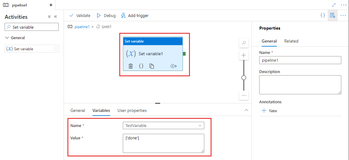 Mostra l'editor di attività per un'attività Until con un'attività Set Variable definita.