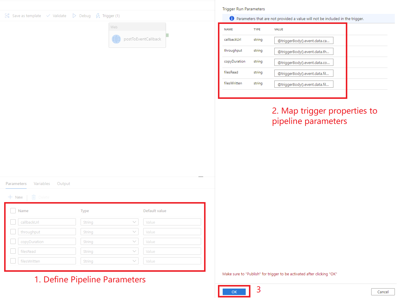 Screenshot che mostra le impostazioni dei parametri di una pipeline.