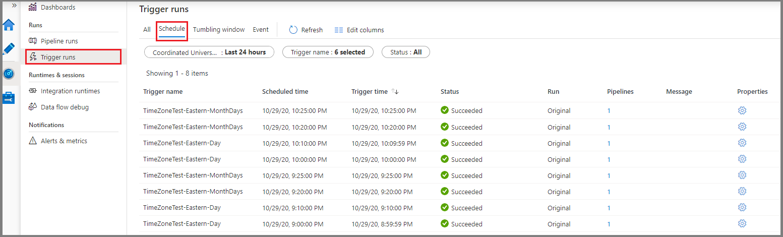Screenshot che mostra il monitoraggio delle esecuzioni pianificate del trigger in Data Factory.
