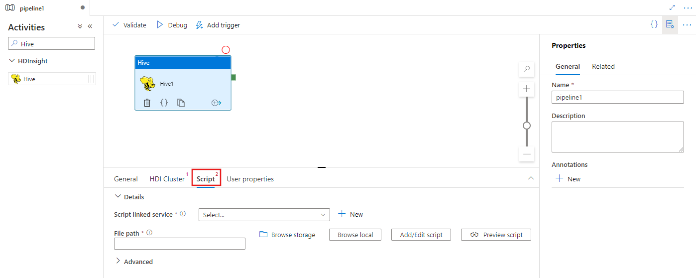 Mostra l'interfaccia utente per la scheda Script per un'attività Hive.