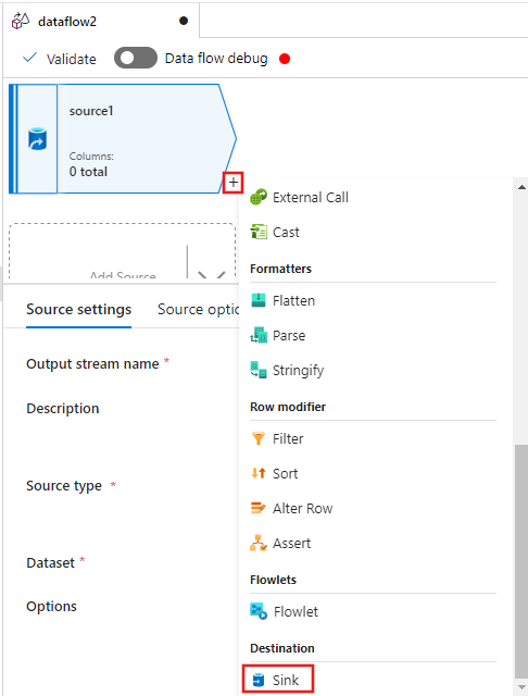 Screenshot che mostra dove aggiungere la destinazione del sink per il flusso di dati.