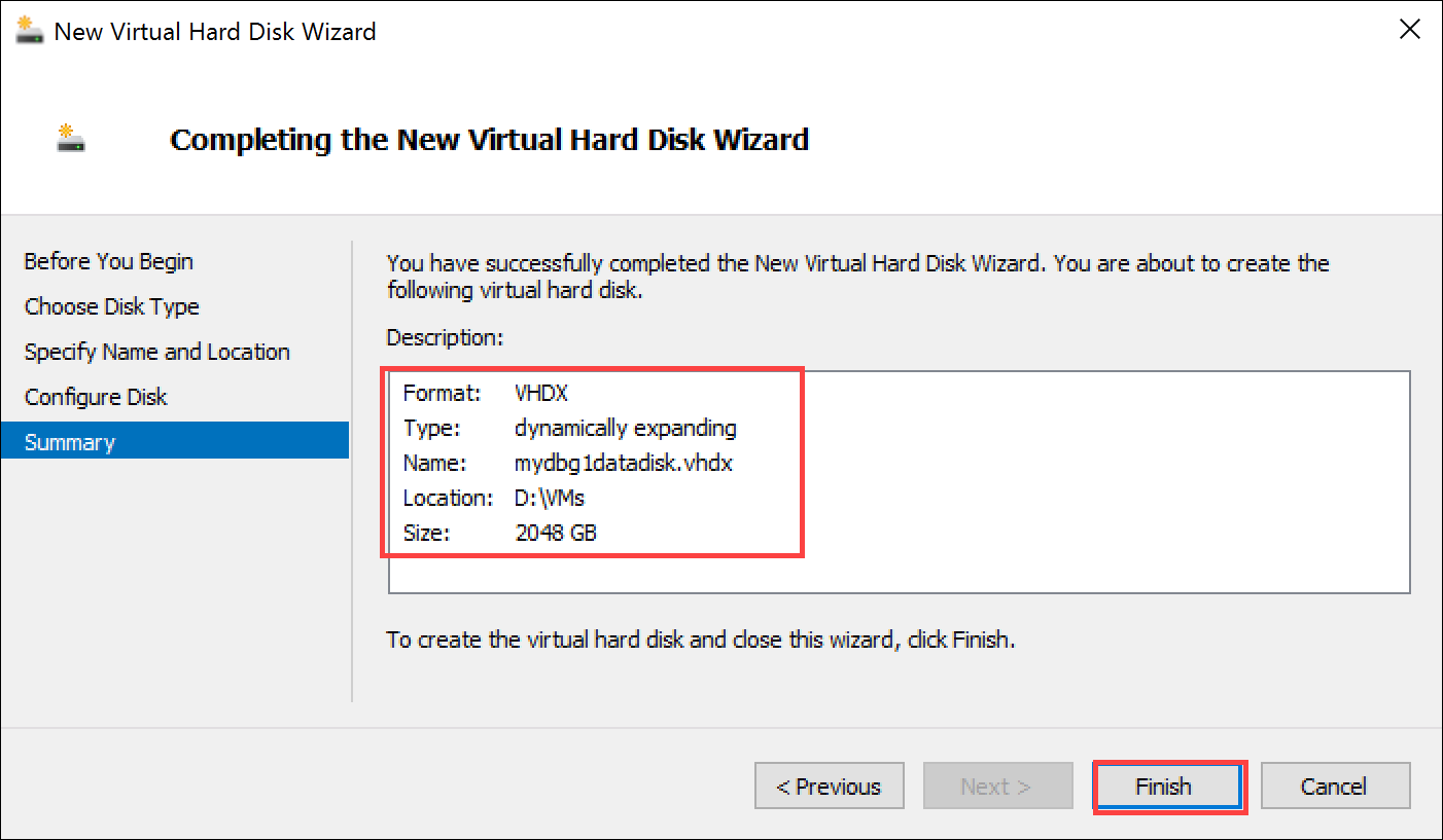 Completamento della procedura guidata per il nuovo disco rigido virtuale