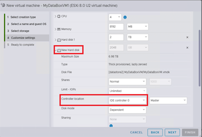 Screenshot dell'area Personalizza impostazioni che evidenzia le opzioni per configurare un nuovo disco rigido.