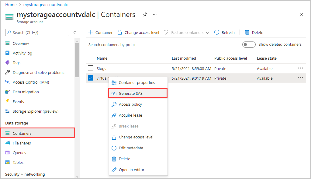 Screenshot dell'opzione Genera SAS per un contenitore blob nel portale di Azure
