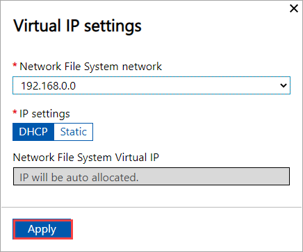 Screenshot della pagina Cluster dell'interfaccia utente web locale con il pannello Impostazioni IP virtuali configurato per NFS nel primo nodo.