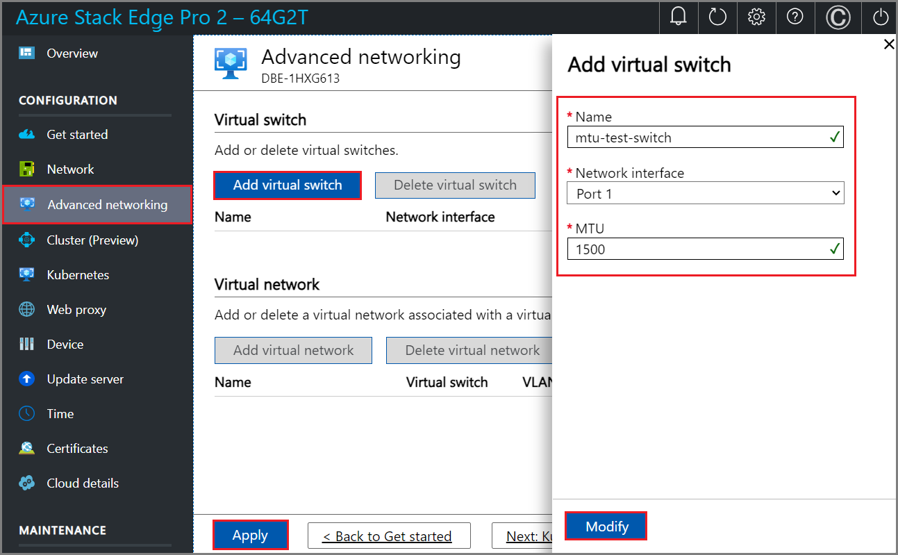 Screenshot delle impostazioni Aggiungi un commutatore virtuale nella pagina Rete avanzata nell'interfaccia utente locale.