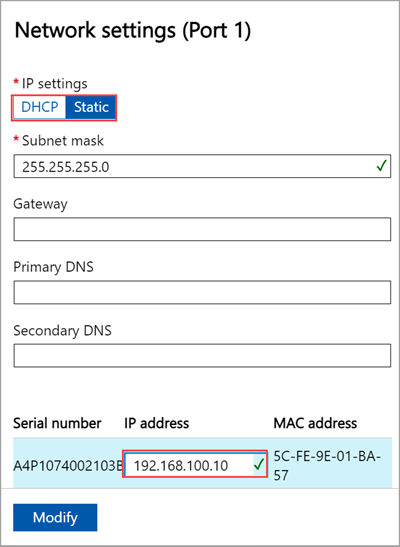 Screenshot delle impostazioni di rete della porta 1 nell'interfaccia utente Web locale di un dispositivo Azure Stack Edge.