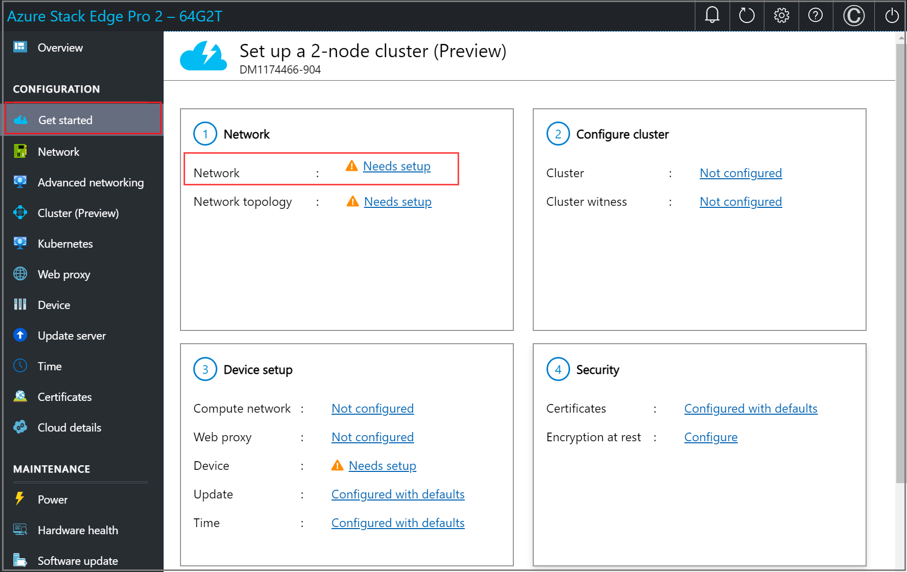 Screenshot della pagina Attività iniziali nell'interfaccia utente Web locale di un dispositivo Azure Stack Edge. L'opzione Richiede installazione è evidenziata nel riquadro Rete.
