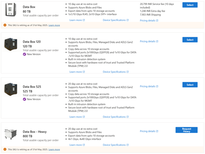 Screenshot che mostra gli SKU di Data Box disponibili per un ordine di esportazione.