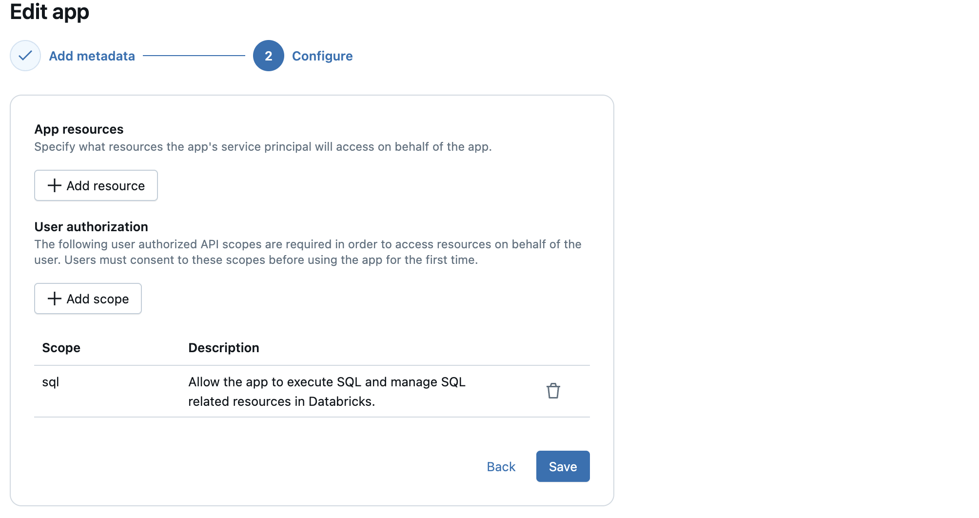 Aggiungere ambiti di autorizzazione utente a un'app Databricks