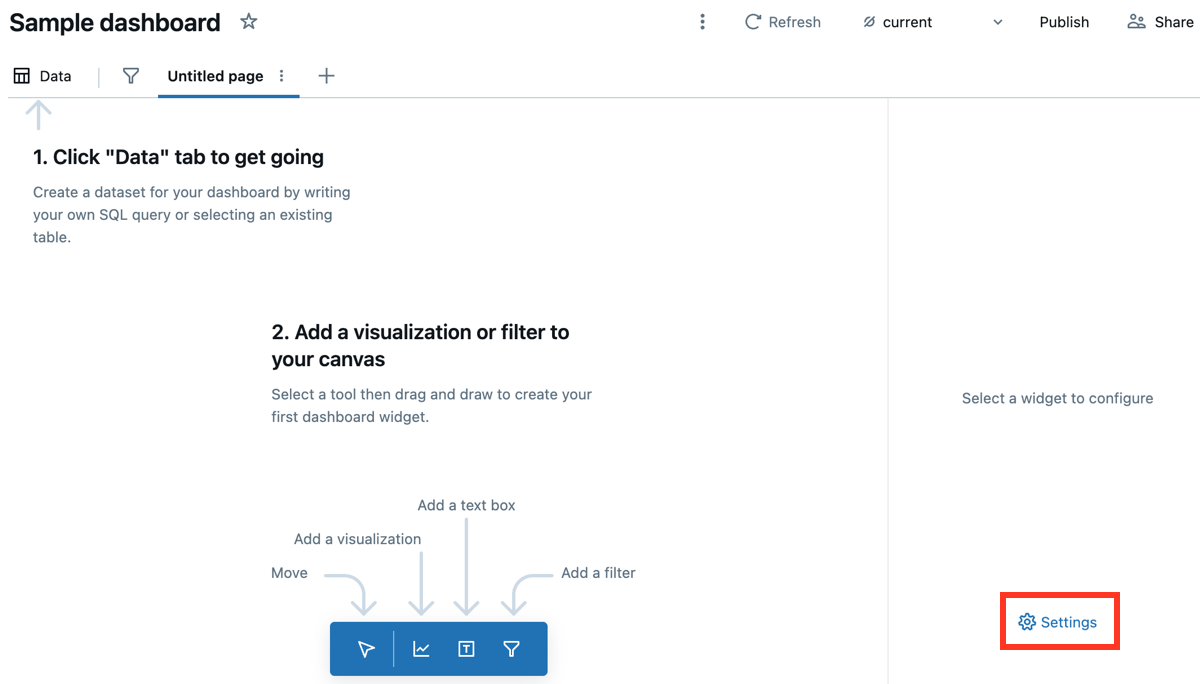 Il pulsante impostazioni viene visualizzato sul lato destro di una bozza di dashboard vuota.