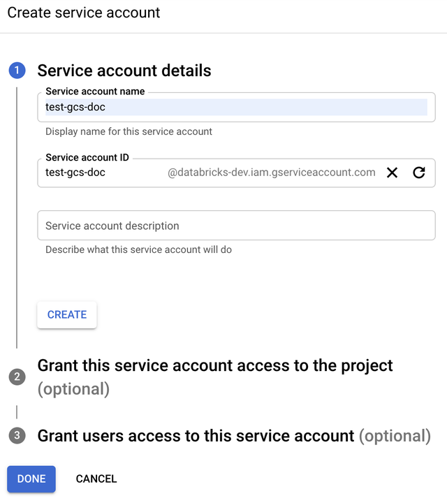 Google Creare account di servizio per GCS
