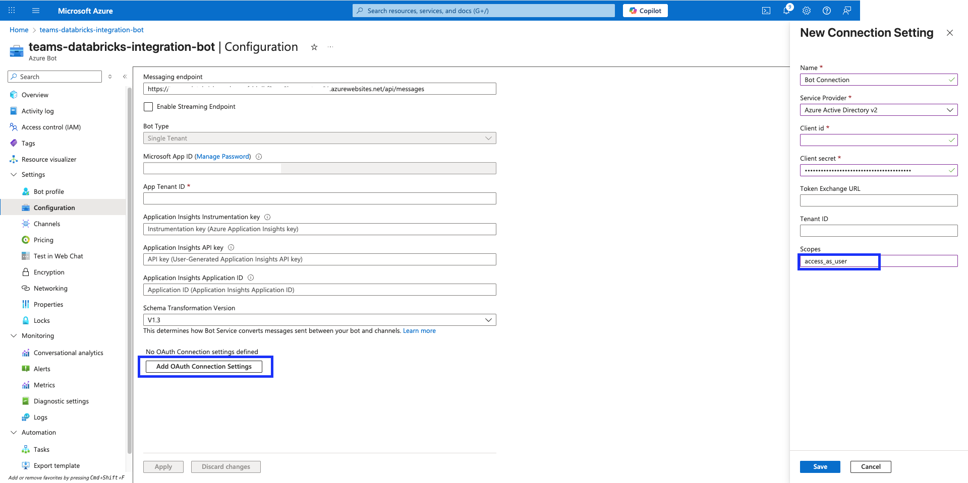 Aggiungere una connessione OAuth al bot di Azure