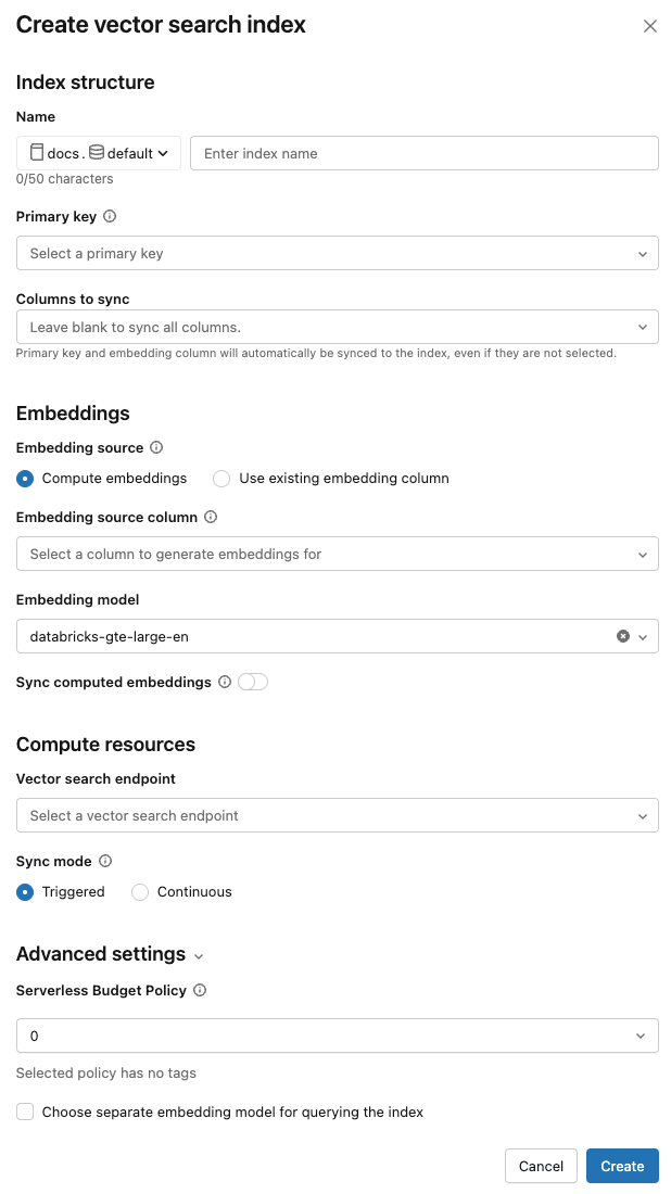 Finestra di dialogo Crea indice