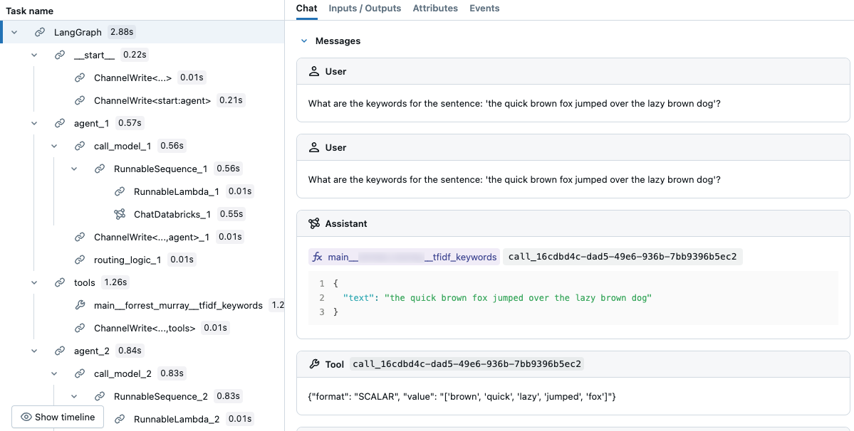 traccia di output di MLflow nel notebook che mostra la selezione degli strumenti.