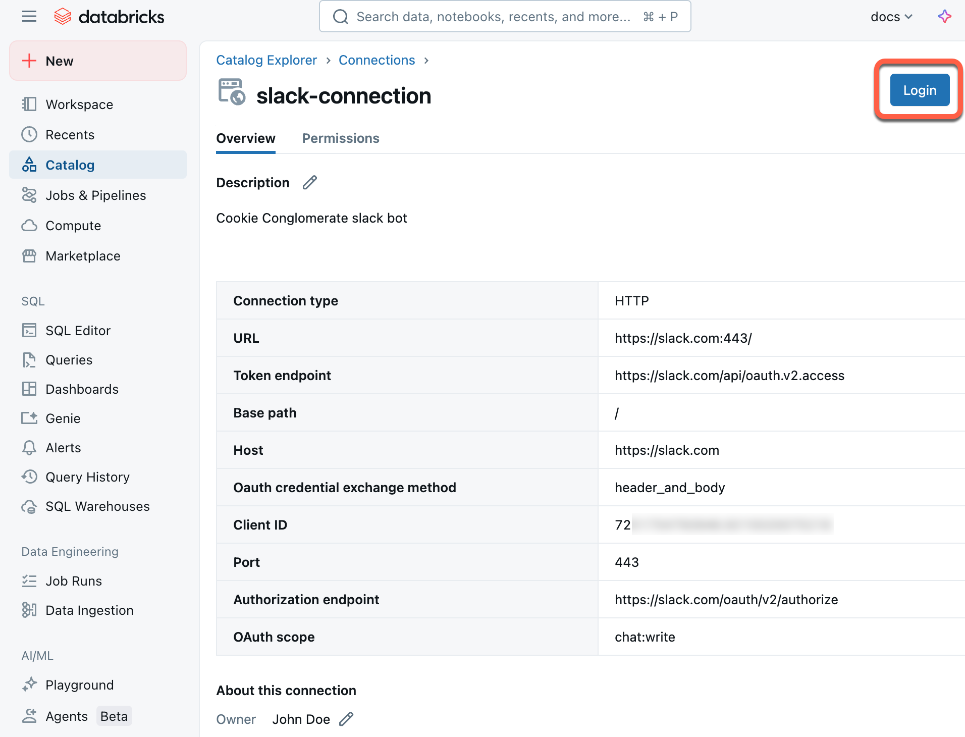 Accedere alla connessione Slack