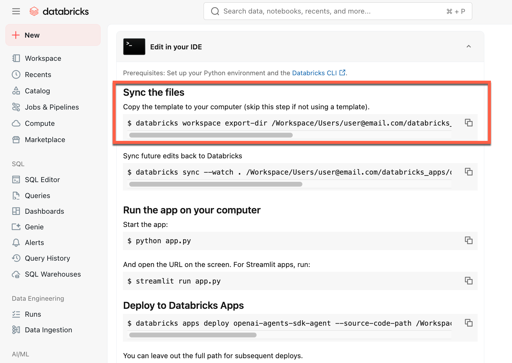 Sincronizzare i file di Databricks Apps