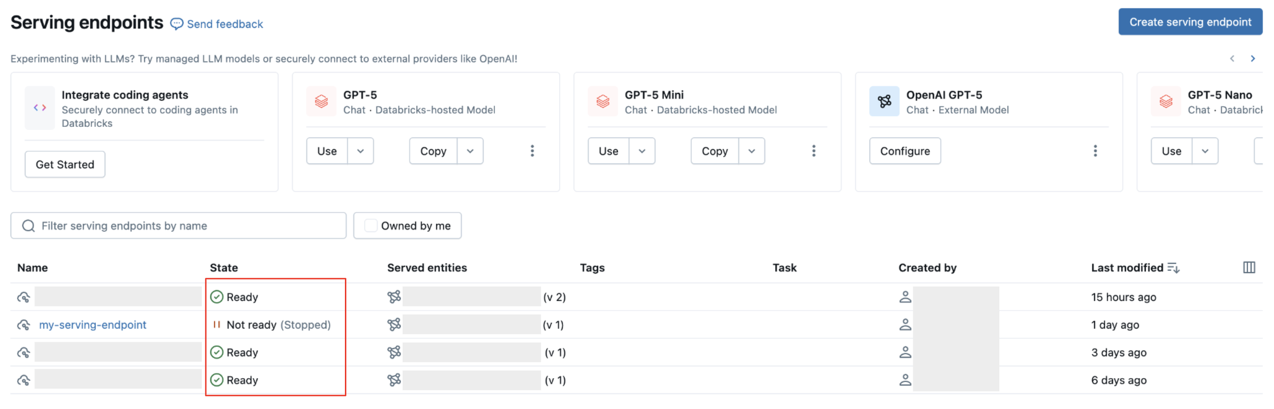 Verificare lo stato dell'endpoint utilizzando l'interfaccia utente dei servizi degli endpoint elencati.