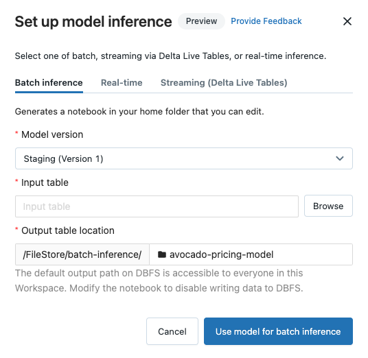 Finestra di dialogo di configurazione dell'inferenza del modello