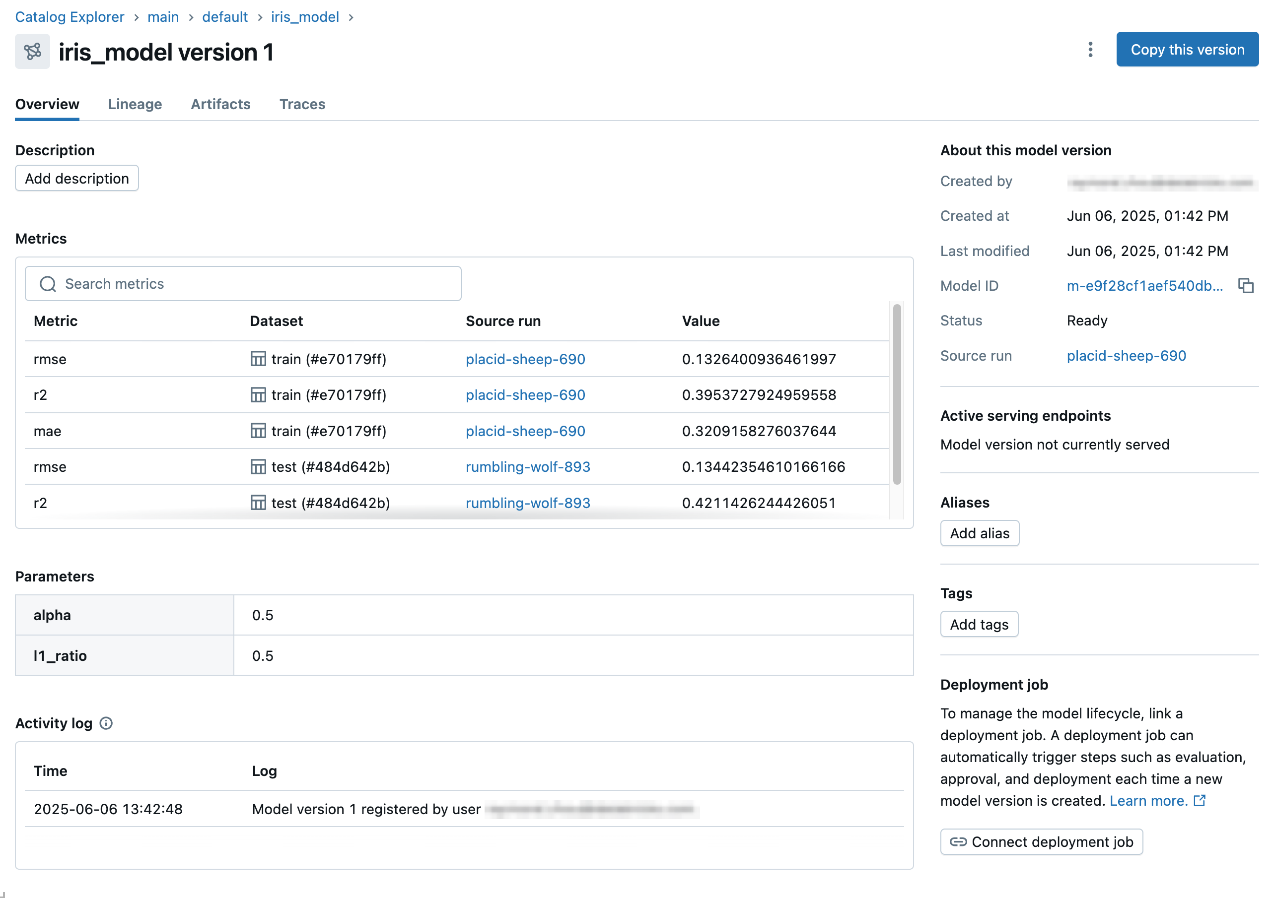 pagina della versione del modello in Esplora cataloghi