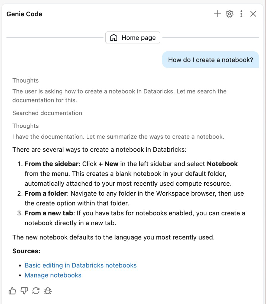 Risposta di Genie Code che mostra una risposta fornita dalla documentazione.