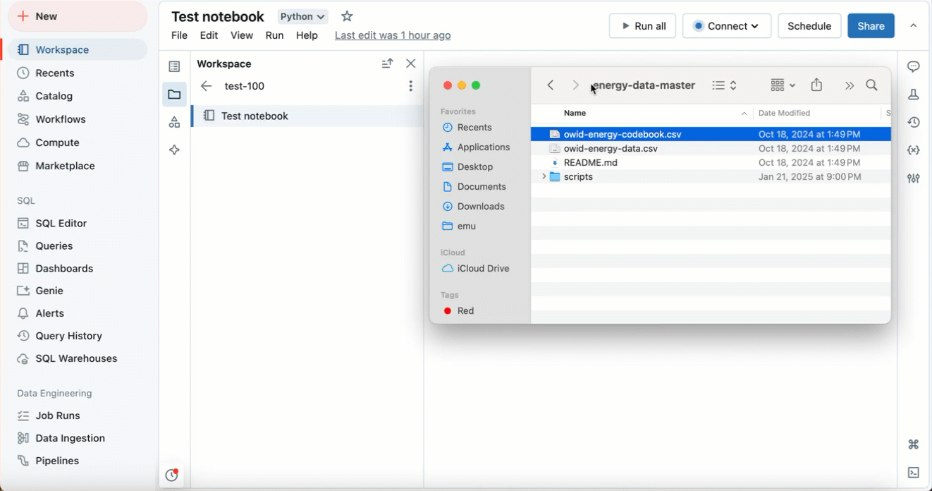 Trascina e rilascia i file nel pannello laterale del browser di file dell'area di lavoro dall'editor del notebook.