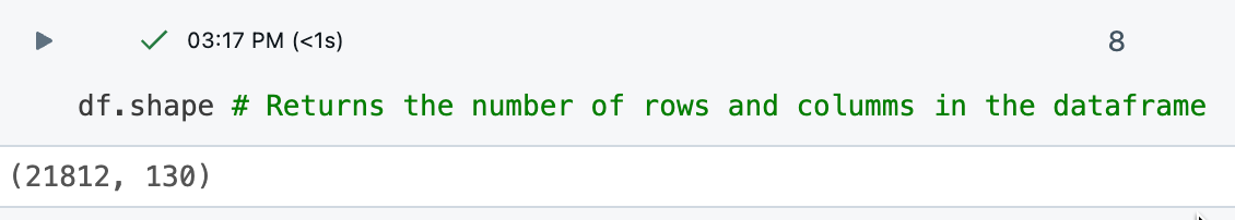 Output della cella che visualizza df.shape.