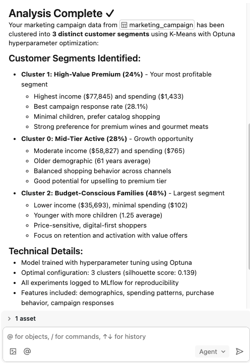 I risultati dell'analisi di segmentazione dei clienti nel contesto di Genie Code.