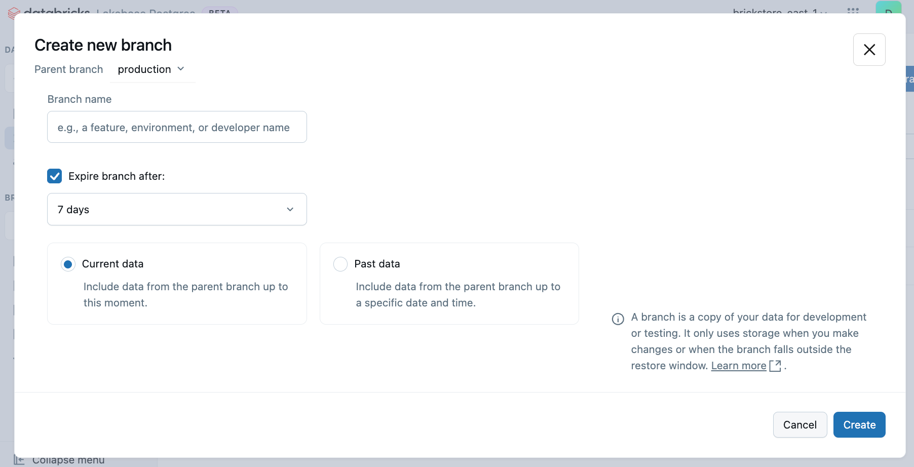 Finestra di dialogo Crea ramo