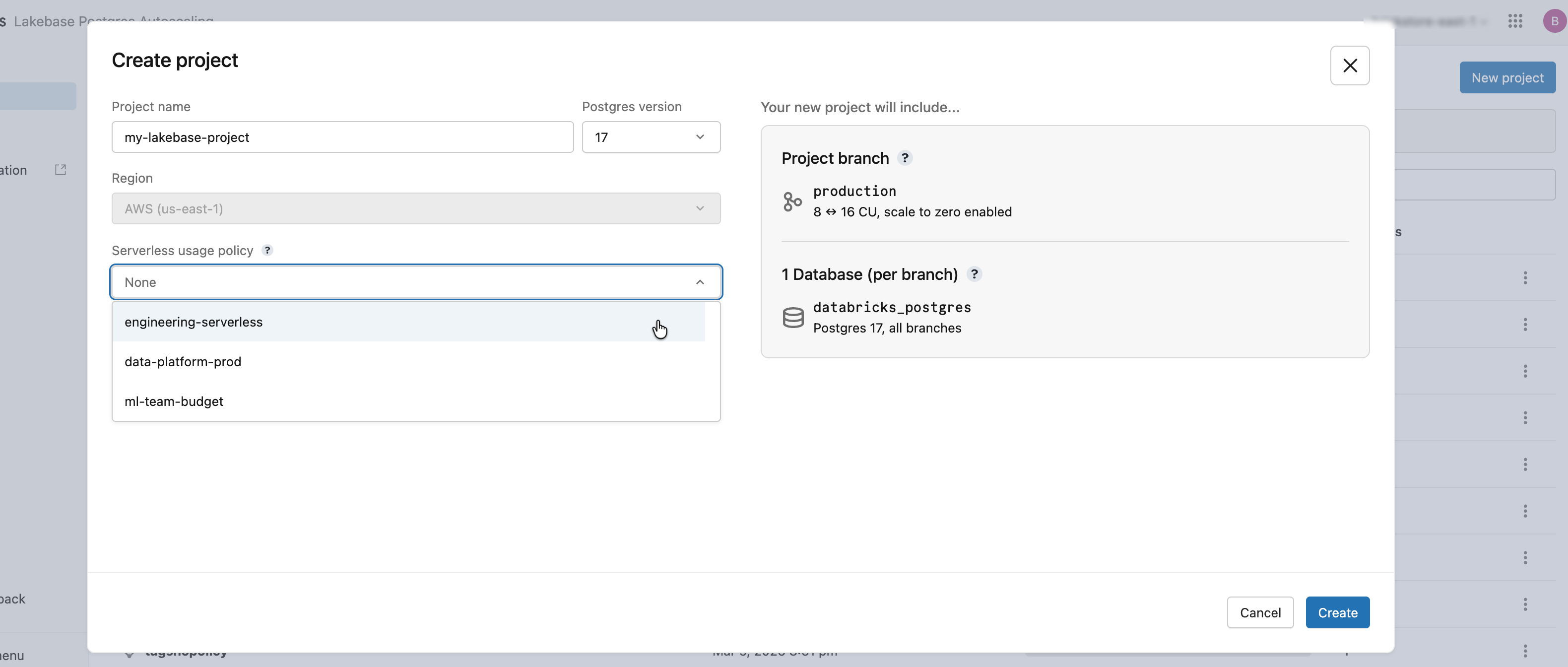 Finestra di dialogo Crea progetto