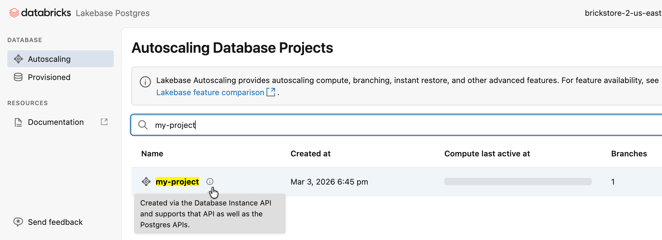Progetti di istanza di database nella pagina Scalabilità automatica