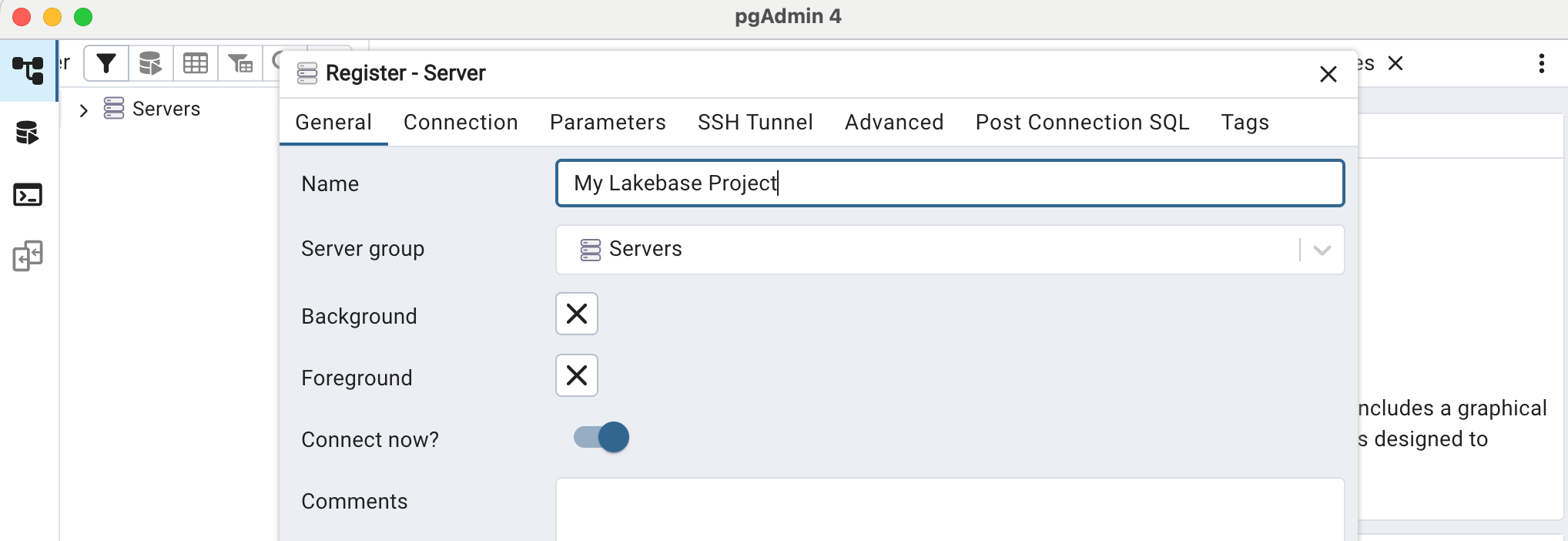 Server di registrazione pgadmin