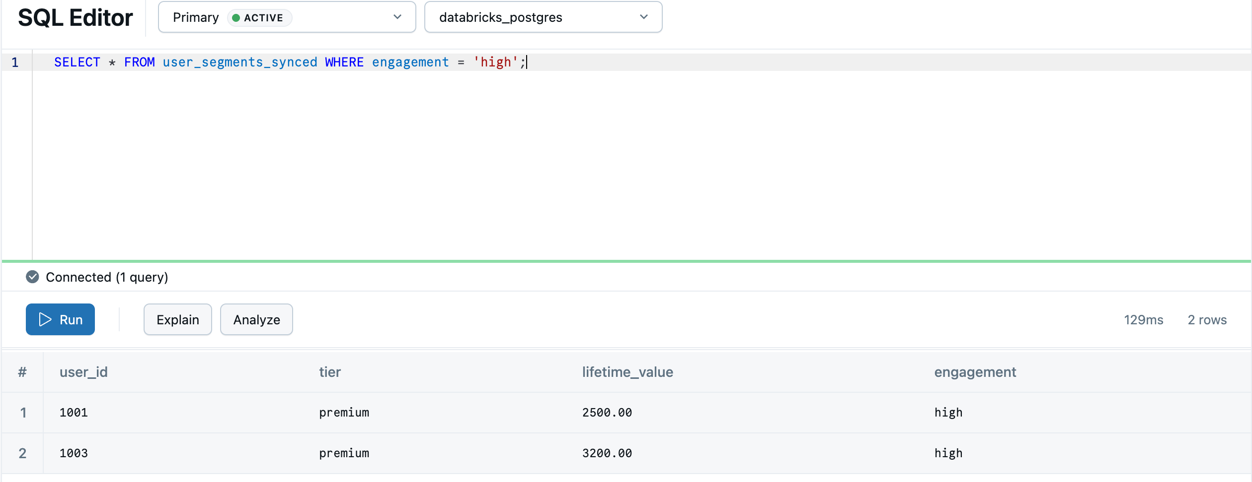 Eseguire query sui segmenti utente sincronizzati nell'editor SQL di Lakebase