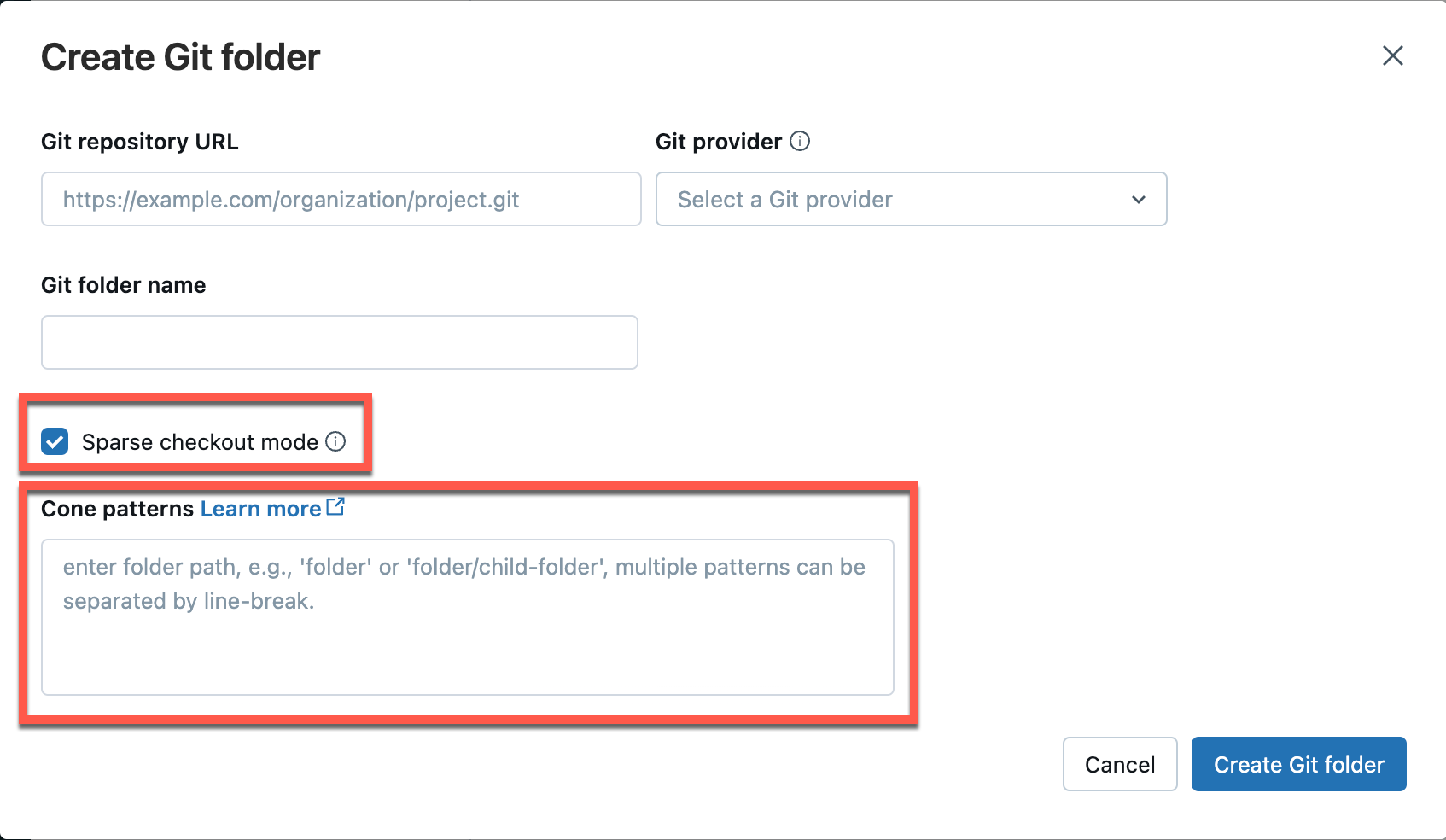 Opzione di checkout sparse nella finestra di dialogo Aggiungi cartella Git.