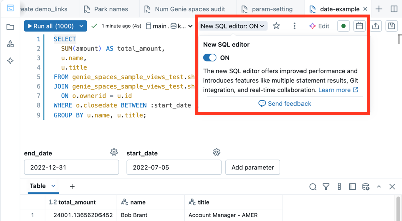 Screenshot che mostra l'editor SQL con il nuovo editor di query disattivato
