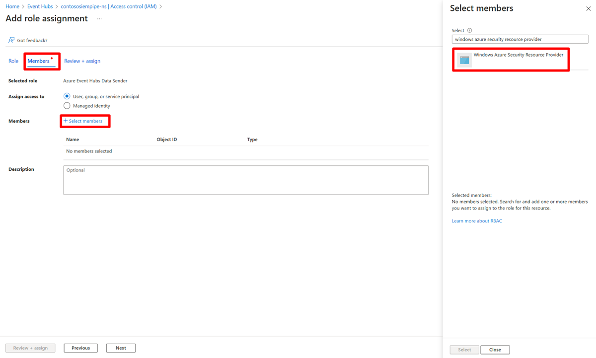 Screenshot che mostra dove inserire e cercare il Microsoft Azure Security Resource Provider.