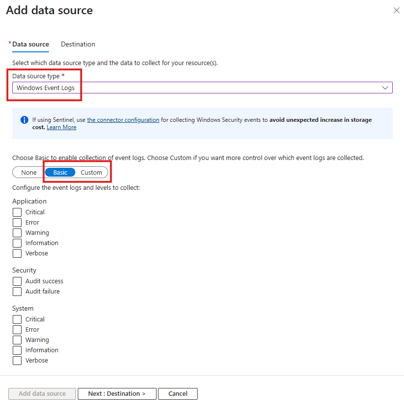 Screenshot della finestra Aggiungi origine dati nella procedura guidata Creare una regola di raccolta dati che mostra i log eventi Windows selezionati con opzioni Base o Personalizzato.