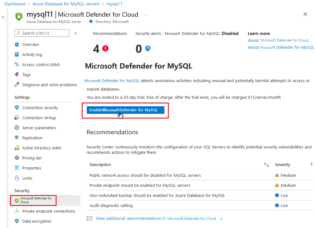 Screenshot che mostra l'aspetto e la posizione del pulsante Abilita Microsoft Defender per MySQL.