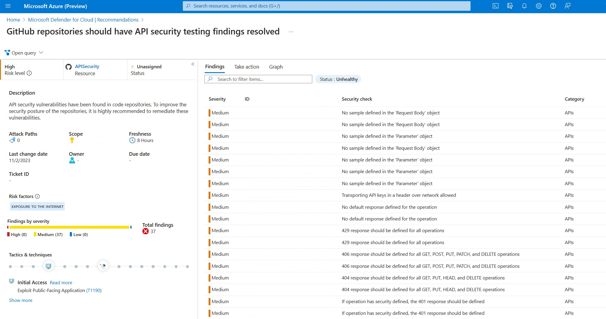 Screenshot di una pagina di raccomandazione di analisi della sicurezza di esempio.
