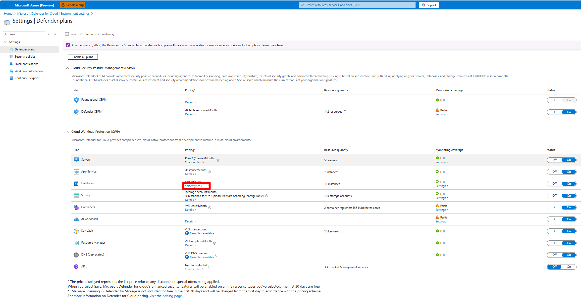 Screenshot che mostra dove selezionare i tipi nella pagina Piani di Defender.