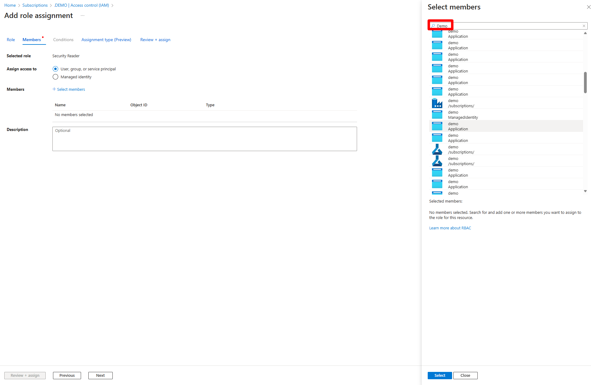 Screenshot che mostra come cercare e selezionare l'applicazione demo.