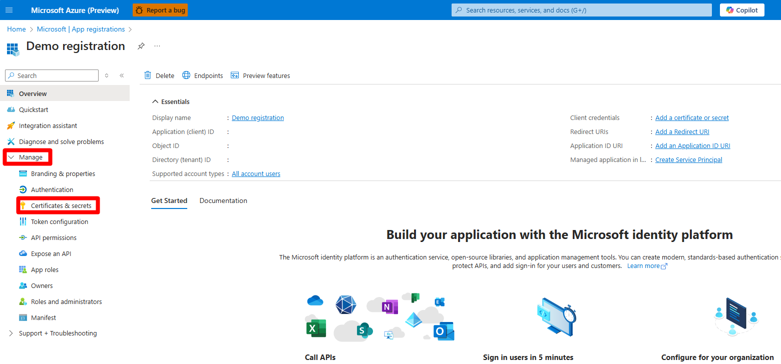 Screenshot che mostra dove passare alla schermata Certificati e segreti.