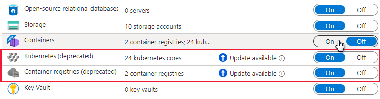 Defender per i registri contenitori e i piani di Defender per Kubernetes che mostrano le informazioni di aggiornamento e deprecate.