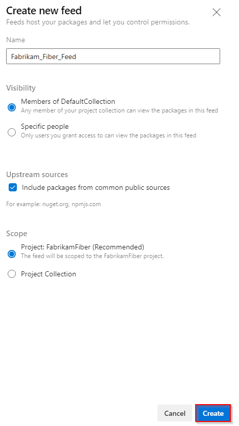 Screenshot che mostra come creare un nuovo feed in Azure DevOps Server 2022.