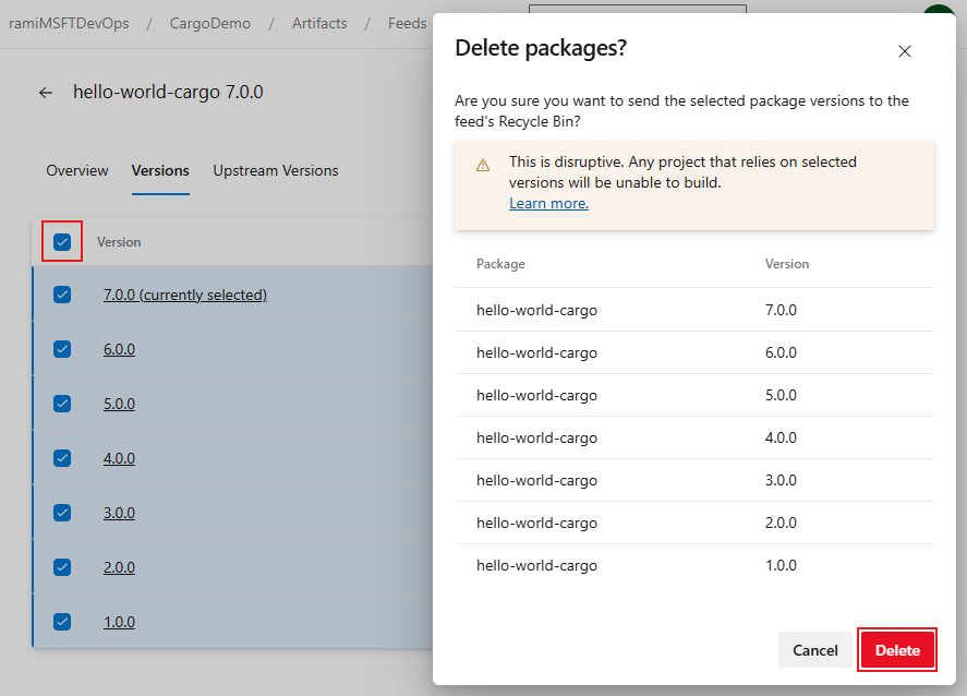 Screenshot che mostra come eliminare tutte le versioni da un feed.