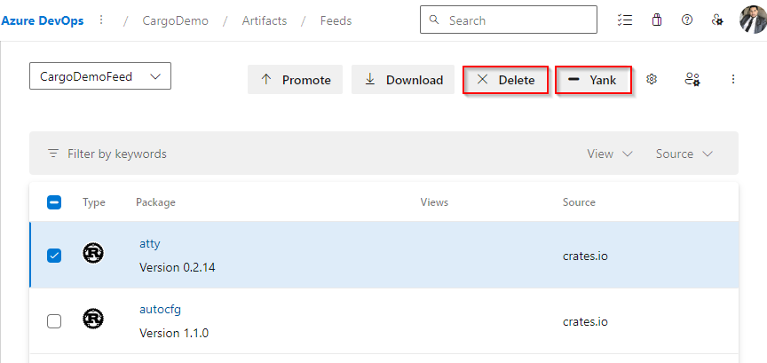 Una screenshot che mostra come eliminare o rimuovere un pacchetto Cargo.