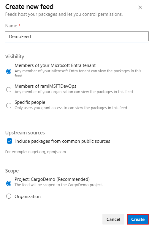 Screenshot che mostra come creare un nuovo feed e abilitare le origini upstream in Azure Artifacts.