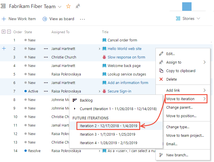 Screenshot del menu contestuale del backlog del prodotto, in cui è possibile spostare diversi elementi del backlog in una iterazione diversa.